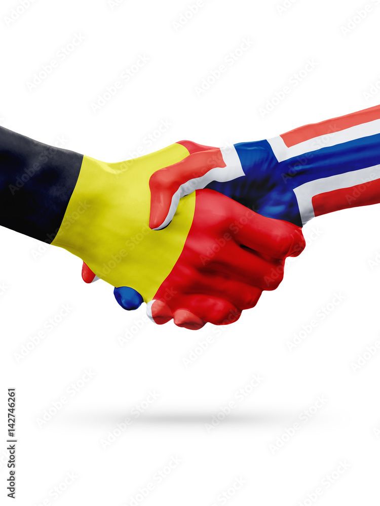 Flags Belgium, Norway countries, partnership friendship handshake concept. Flags Belgium, Norway countries, partnership friendship handshake concept.