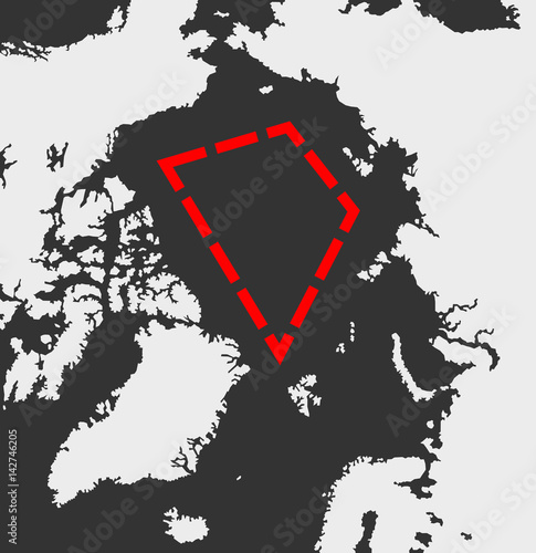 Territory of the Arctic - boundary and frontier of international waters marked by line. Area where conflict and dispute about recognition of possession is happening between states 