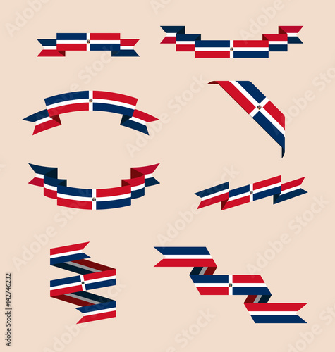 Vector set of scrolled isolated ribbons or banners in colors and with symbol of flag of Dominican Republic.