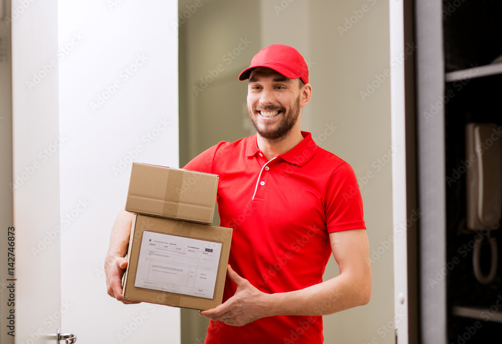 delivery man with parcel boxes at customer door delivery man with parcel boxes at customer door