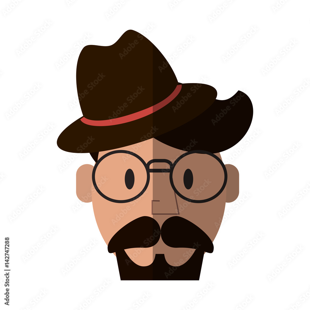man with beard, glasses and hat cartoon icon over white background. hipster lifestyle concept. colorful design. vector illustration