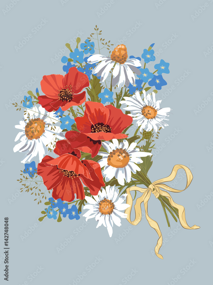 Vector bouquet with chamomiles, red poppies and forget-me-nots