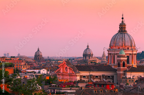Canvas Print Rome Skyline at Dusk with San Carlo al Corso, Italy