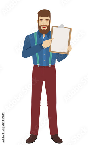 Hipster pointing on clipboard.