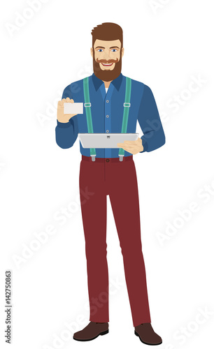 Hipster holding digital tablet PC and showing the business card