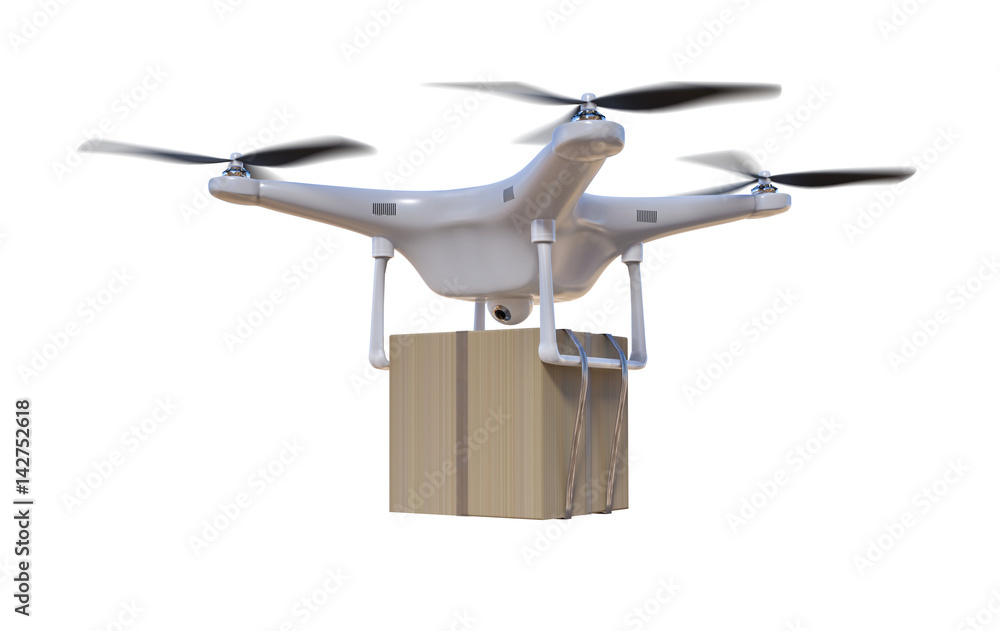 Flying drone is delivering a package. Isolated on white background. 3D rendered illustration. Flying drone is delivering a package. Isolated on white background. 3D rendered illustration.