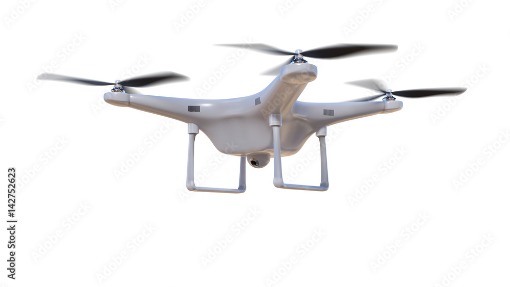 Flying drone isolated on white background. 3D rendered illustration. - obrazy, fototapety, plakaty 