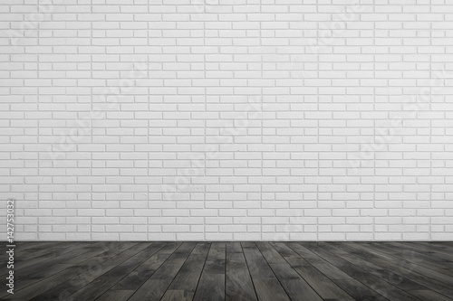 Empty room white brick wall, black wood floor