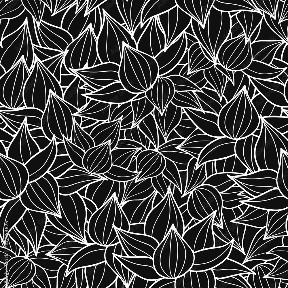 Vector black and white succulent plant texture drawing seamless pattern