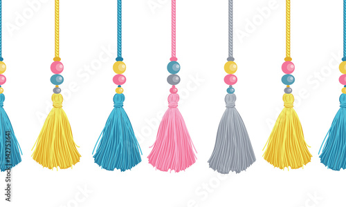 Vector Colorful Decorative Tassels, Beads, And Ropes Horizontal Seamless Repeat Border Pattern. Great for handmade cards, invitations, wallpaper, packaging, nursery designs.