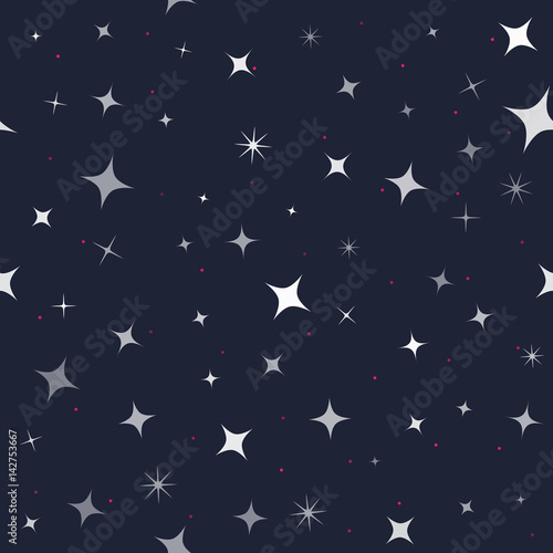Vector seamless pattern on dark backgrond. Different shape stars. Texture in grey shades with little red dots.