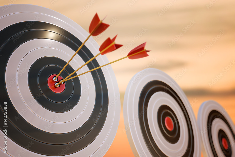 3D rendered illustration of target with arrows at sunset. 3D rendered illustration of target with arrows at sunset.