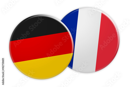 News Concept: Germany Flag Button On France Flag Button, 3d illustration on white background