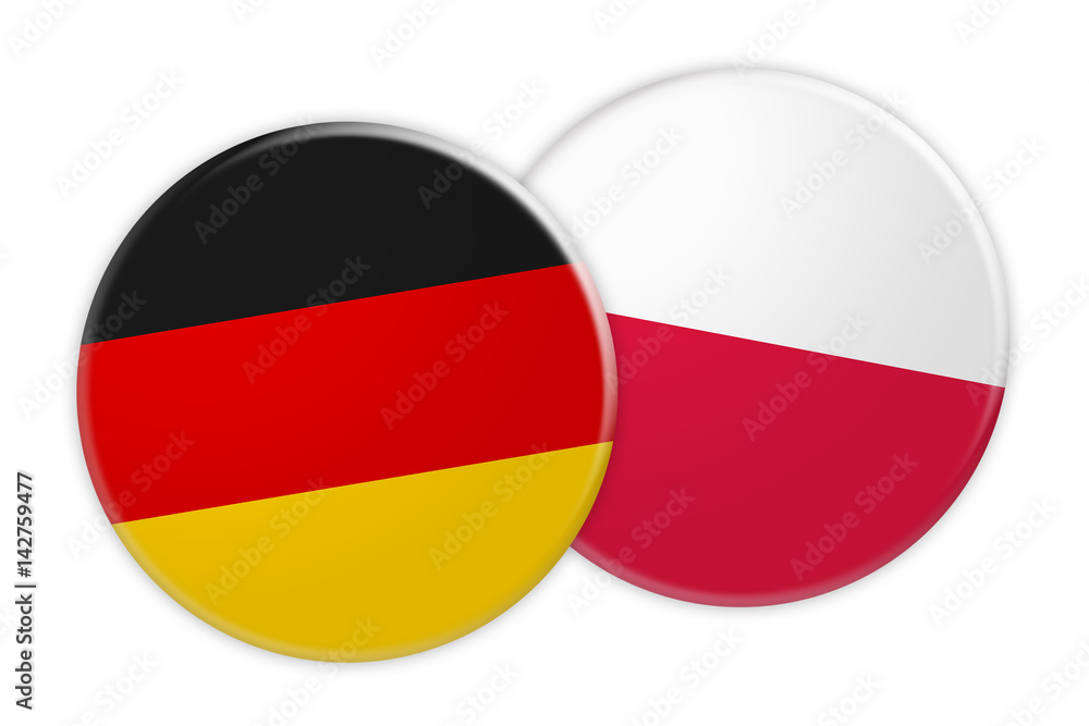 News Concept: Germany Flag Button On Poland Flag Button, 3d illustration on white background News Concept: Germany Flag Button On Poland Flag Button, 3d illustration on white background