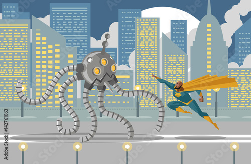 giant flamethrower robot fighting an african superhero