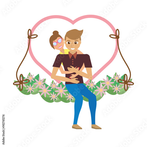 couple love embracing in swing floral image vector illustration eps 10
