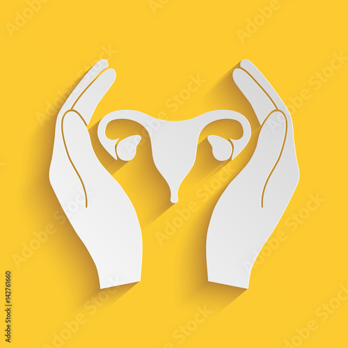 Hands holding Female uterus - protection icon
