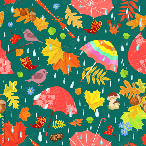 funny seamless texture with umbrellas and forest elements