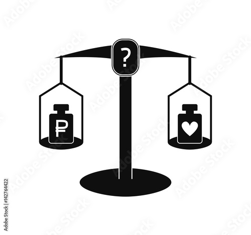 Monochrome scales with rouble and heart symbols. Vector illustration