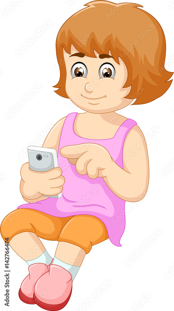 cartoon child playing handphone cartoon child playing handphone