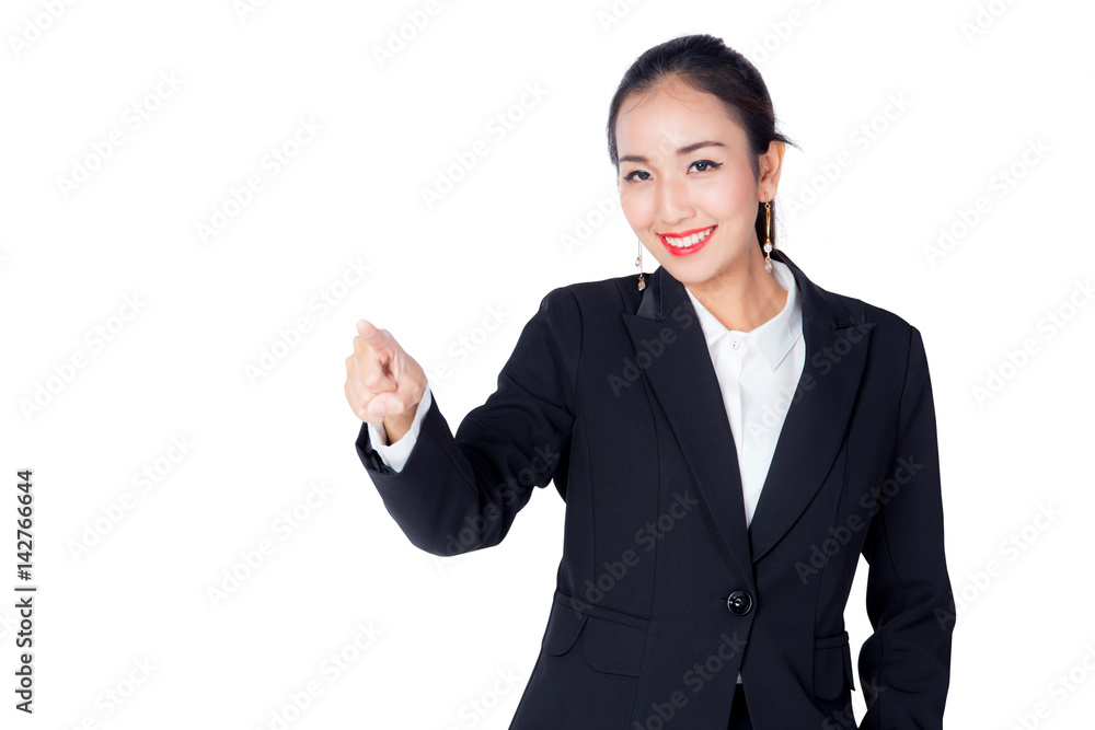 Young Buisness woman with finger point up on white background. Young Buisness woman with finger point up on white background.