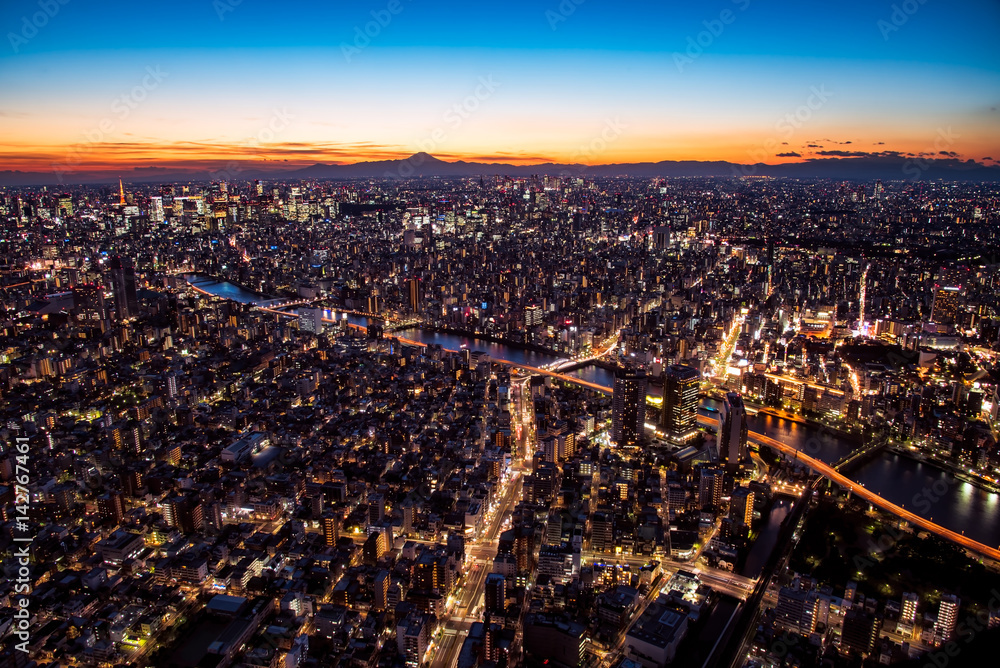 Naklejka premium 東京都心の夕景・夜景と富士山のシルエット 大パノラマ
