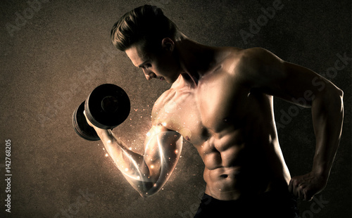 Bodybuilder lifting weight with energetic white lines concept