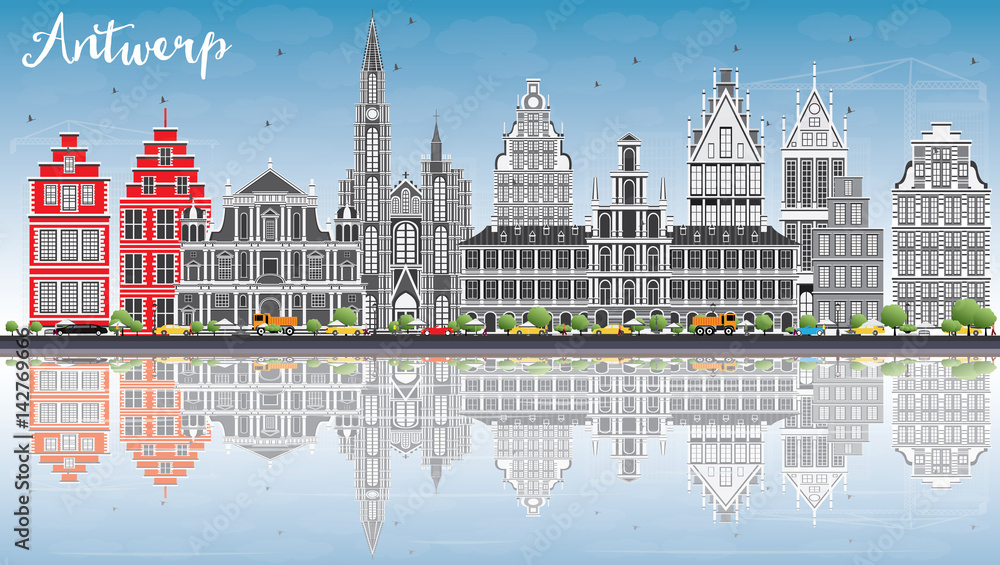 Antwerp Skyline with Gray Buildings, Blue Sky and Reflections.