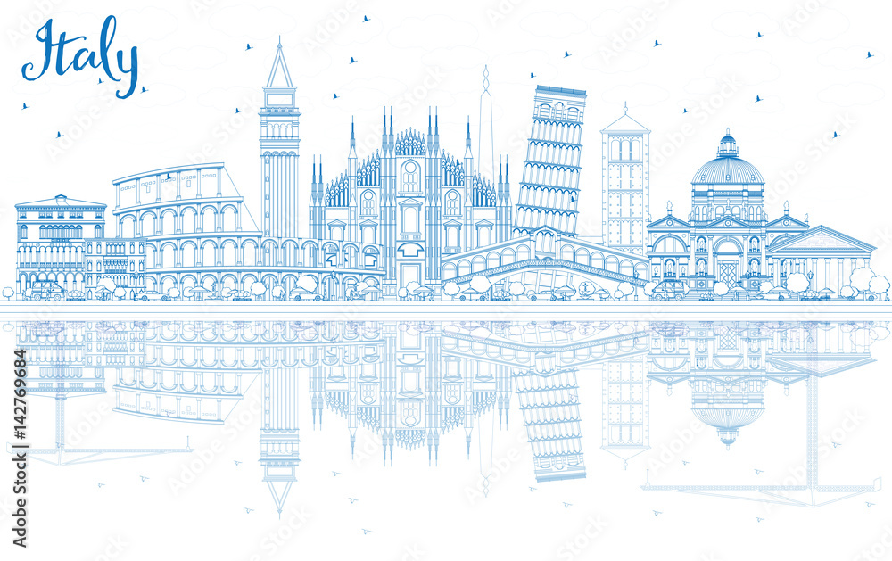 Outline Italy Skyline with Blue Landmarks and Reflections.