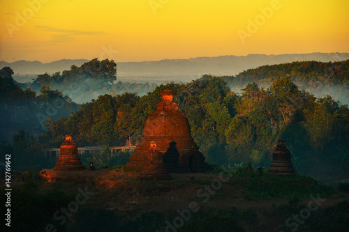 The plain of mrauk-u Ratanabon Paya on during sunset Mrauk-u Myanmar Myanmar landscape Myanmar ancient Myanmar pagoda 