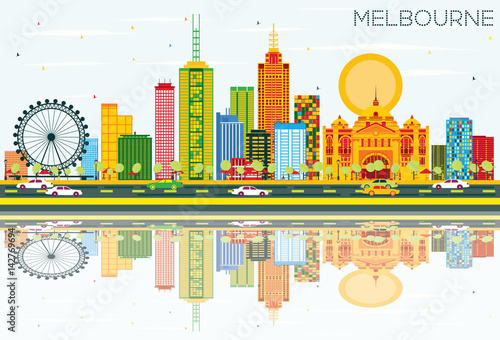 Melbourne Skyline with Color Buildings  Blue Sky and Reflections.