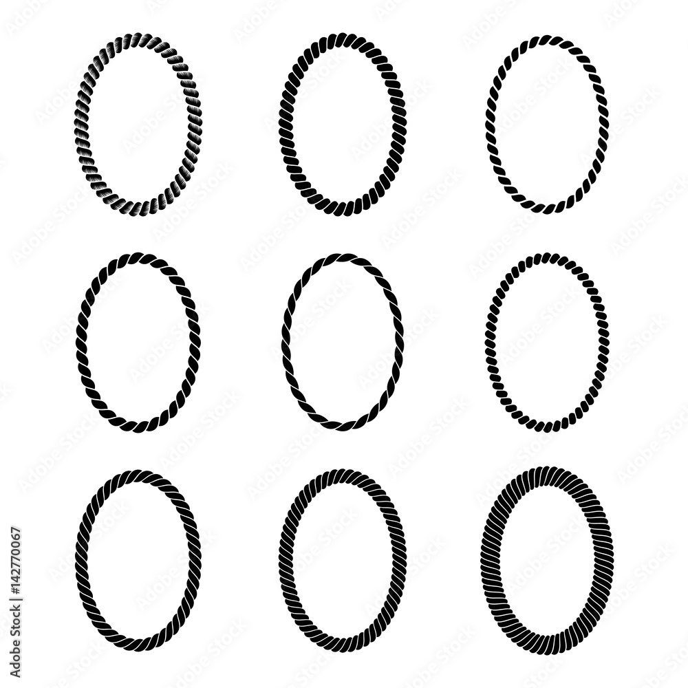 Vector set of monochrome black oval rope frame. Collection of thick and thin  borders isolated on white background. Stock Vector