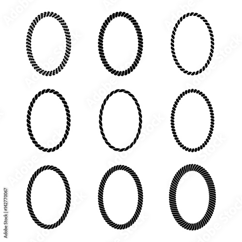 Vector set of monochrome black oval rope frame. Collection of thick and thin borders isolated on white background.