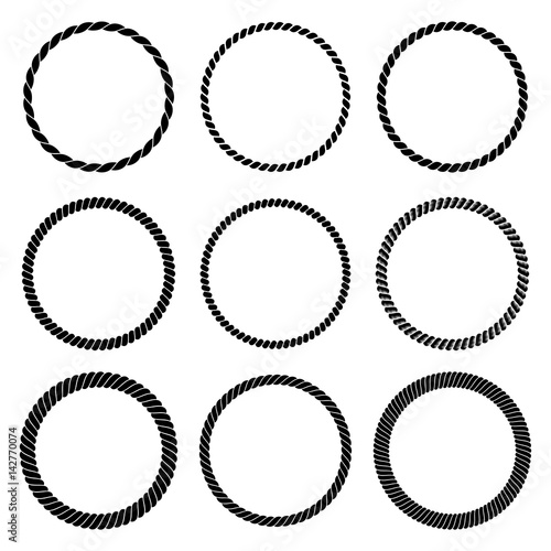 Vector set of round black monochrome rope frame. Collection of thick and thin circles isolated on the white background.