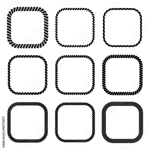 Vector set of thick and thin square black monochrome rope frame.