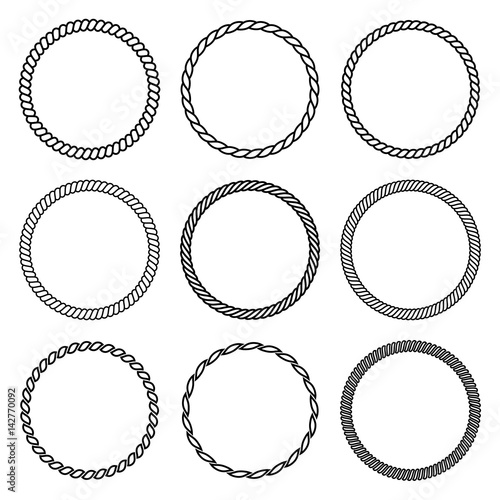 Vector set of round rope frame. Collection of thick and thin circles isolated on the white background.