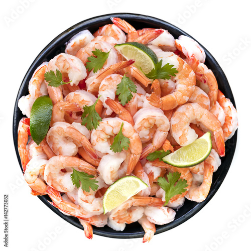 Platter of Shrimps Top View Isolated with Lime and Cilantro