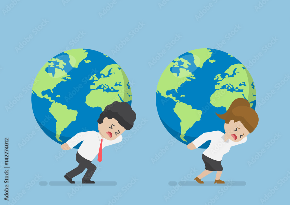 Businessman and Businesswoman Carry World Globe On His Back Businessman and Businesswoman Carry World Globe On His Back