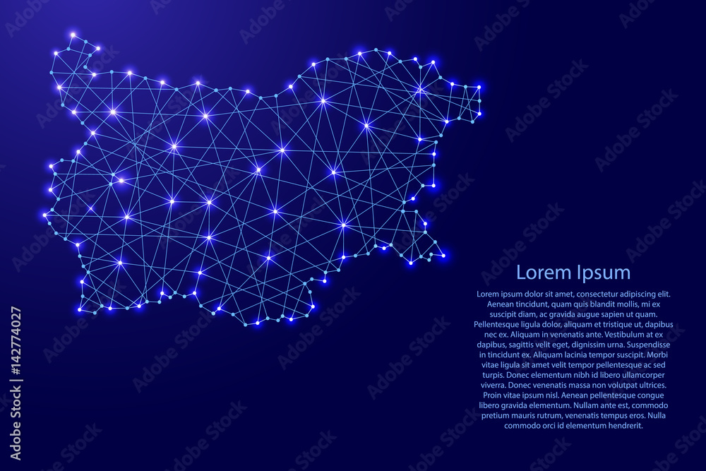 Map of Bulgaria from polygonal blue lines and glowing stars vector illustration Map of Bulgaria from polygonal blue lines and glowing stars vector illustration