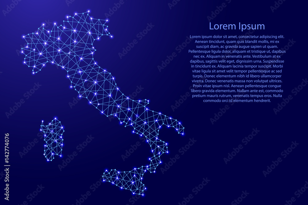 Map of Italy from polygonal blue lines and glowing stars vector illustration