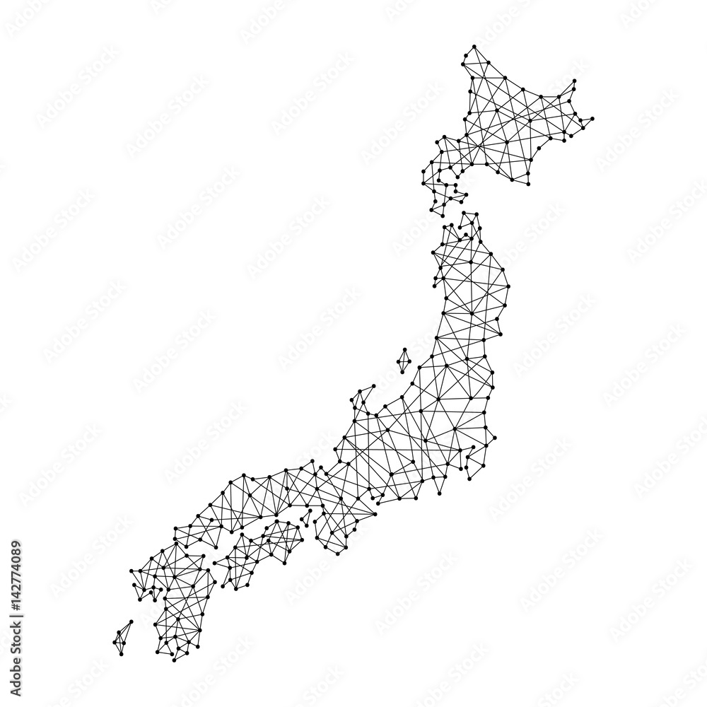 Map of Japan from polygonal black lines and dots of vector illustration