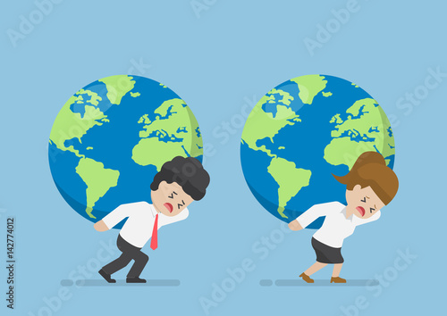 Businessman and Businesswoman Carry World Globe On His Back