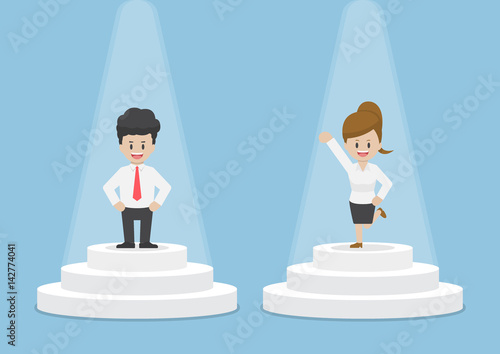 Businessman and Businesswoman Standing and Shining on Pedestal