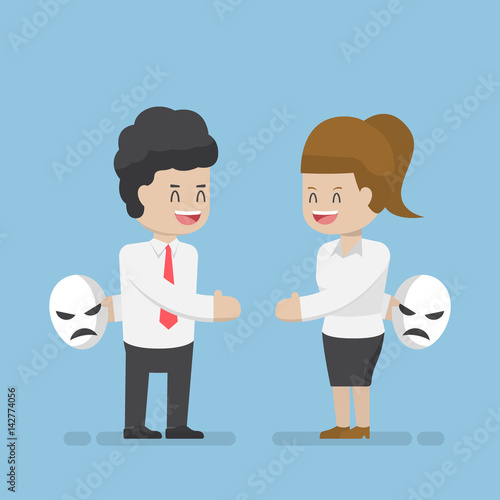 Businessman and Businesswoman Talking and Hiding Masks of Real Emotion