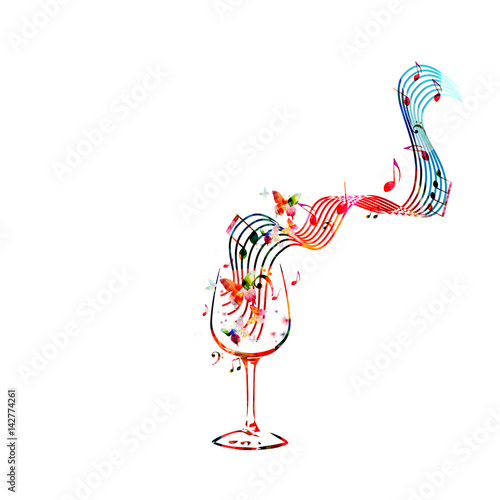 Colorful wineglass with music notes isolated vector illustration. Background for restaurant poster, restaurant menu, music events, festivals and promotions