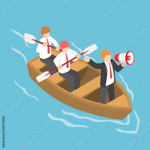 Isometric businessman in rowing team with leader command and control through a megaphone
