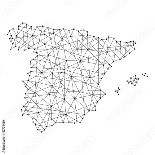 Map of Spain from polygonal black lines and dots of vector illustration