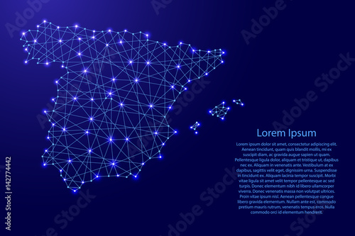 Photo Map of Spain from polygonal blue lines and glowing stars vector illustration