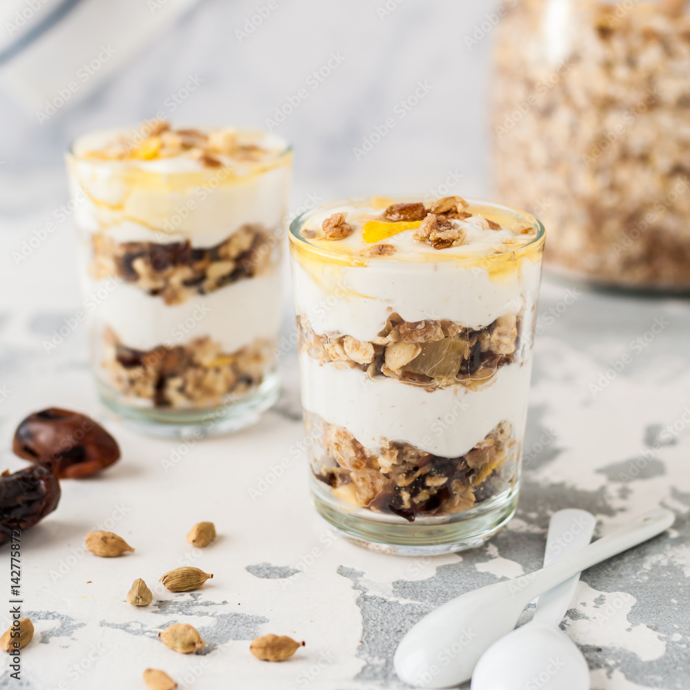Spiced Yogurt with Granola in Glasses Spiced Yogurt with Granola in Glasses