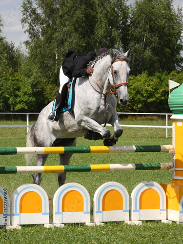Young lady rider jumping over fence